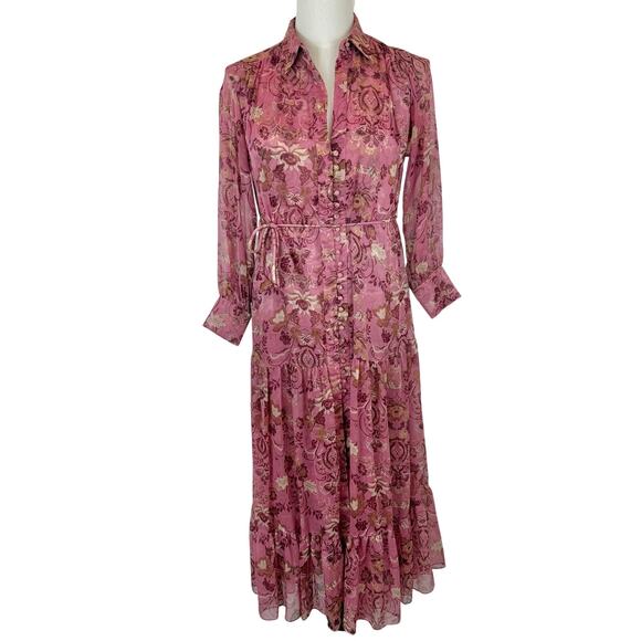 Misa Los Angeles Dresses & Skirts - MISA Los Angeles Sheer Chiffon Maxi Dress Button-Down XS Pink/Brown